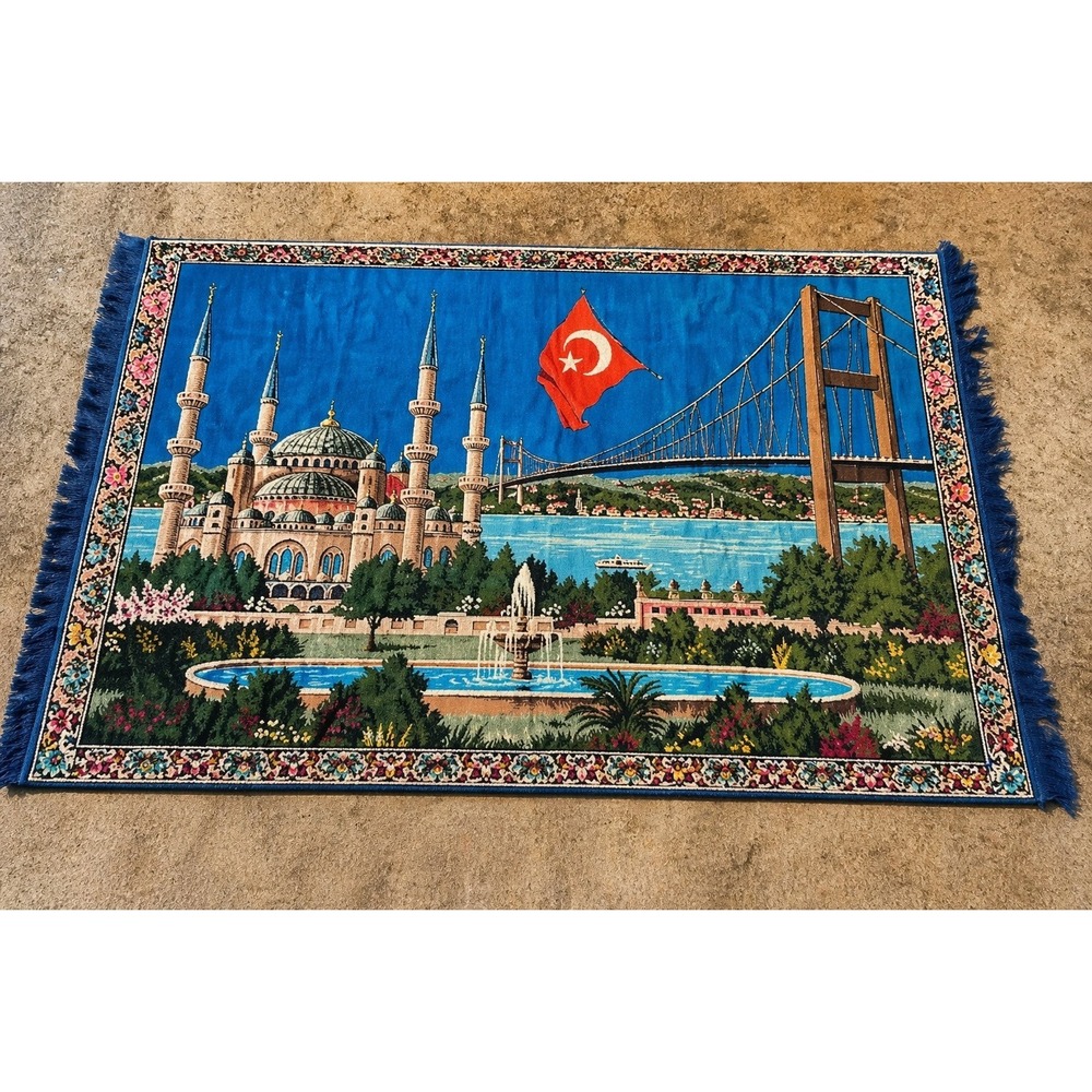Vintage Turkish‎ Velvet Wall Tapestry Rug Istanbul Mosque Bosphorus Bridge